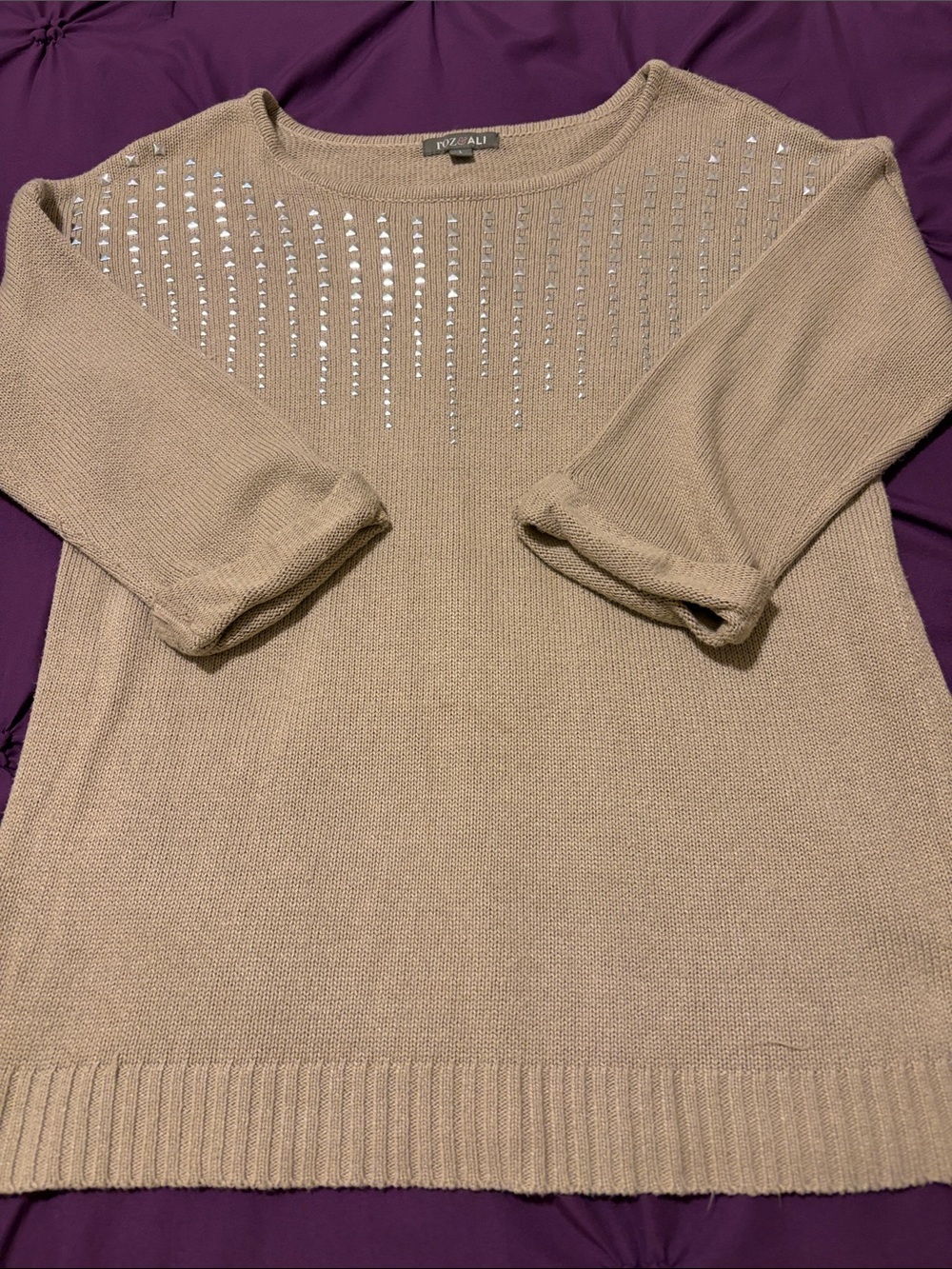 Roz & Ali Taupe Crewneck Sweater with Front Stud Detail
